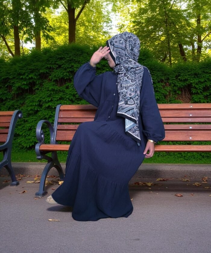 Organik Müslin Oversize (Bol) Büzgülü Elbise Lacivert - Görsel 2