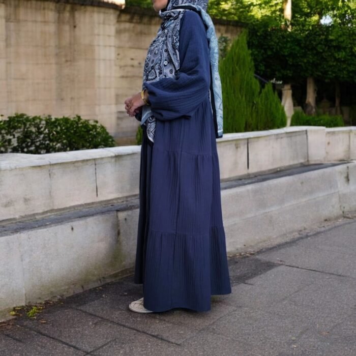 Organik Müslin Oversize (Bol) Büzgülü Elbise Lacivert - Görsel 11